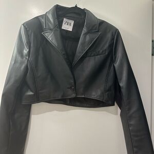 Black Cropped Faux Leather Blazer